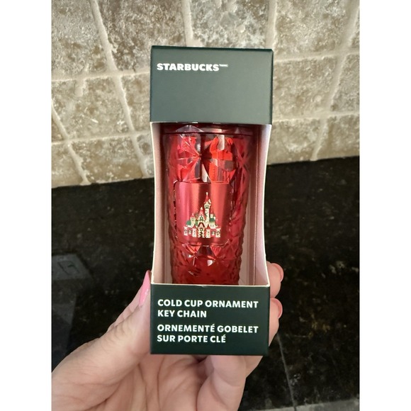 Starbucks Disney World Christmas Holiday Gold Cup Ornament Key Chain Red‎ - NEW! - Picture 2 of 3